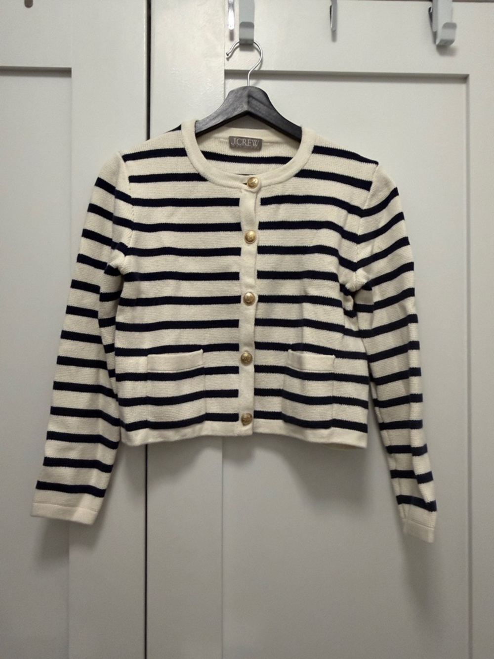 J. Crew Cream & Navy Striped Cropped Cardigan